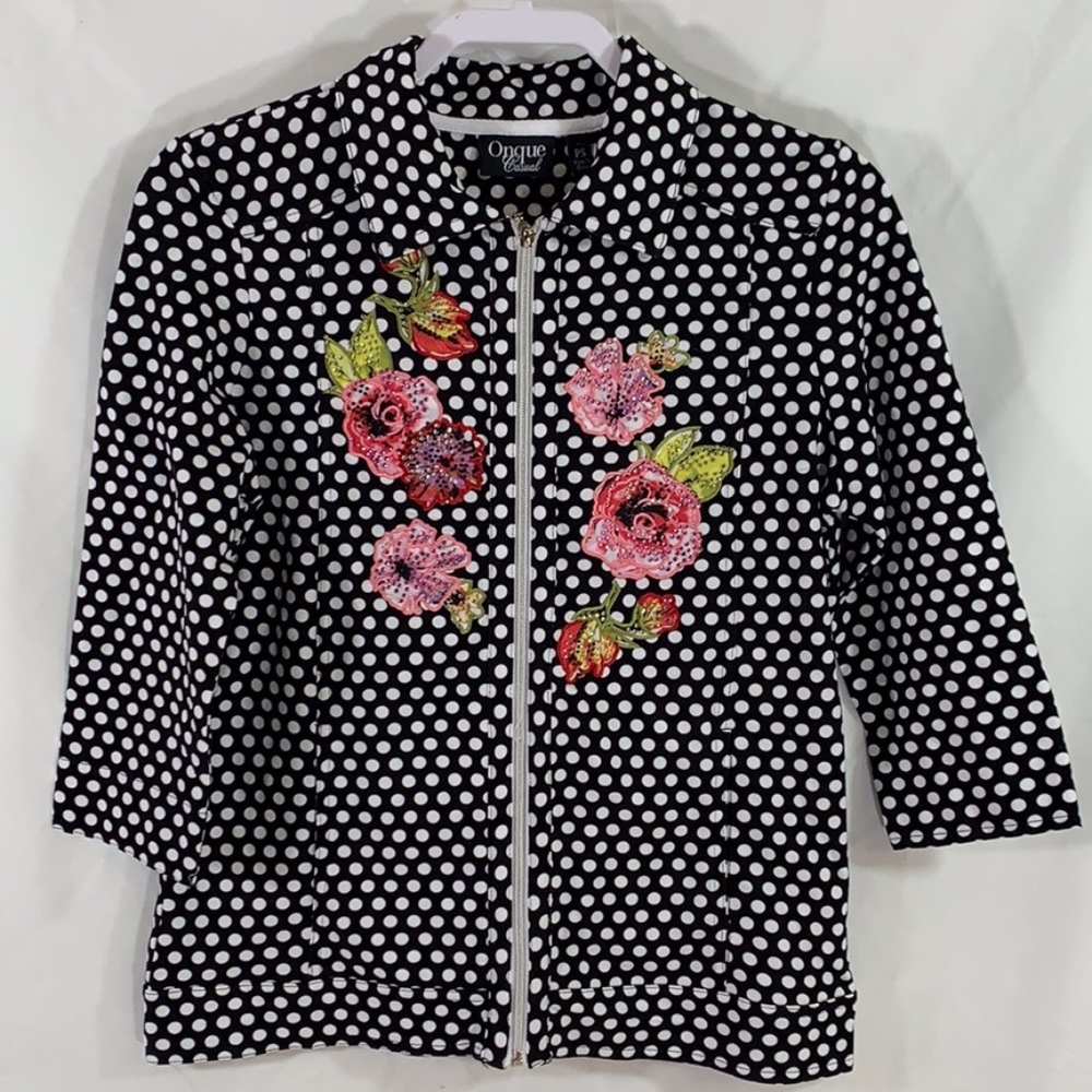 Onque Casuals shirt rhinestone flowers polkadot ps